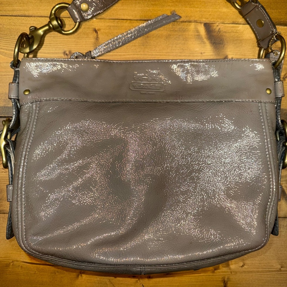 Coach Zoe 12735 Gray Patent Leather Shoulder Bag Brass Hardware Large Hobo Purse - Picture 3 of 12